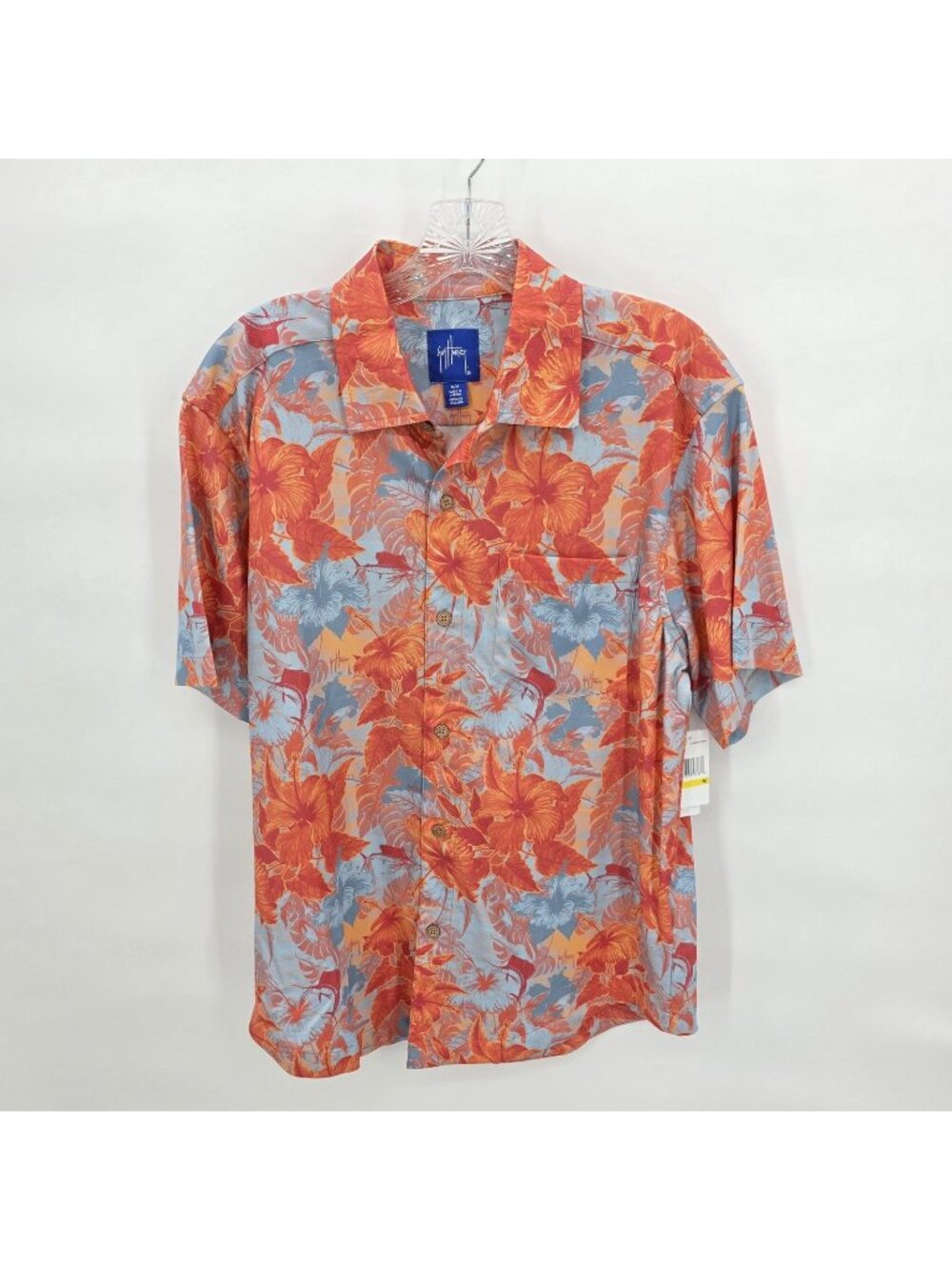 Guy Harvey Shirt Mens M Fusion Coral Blue Bamboo Hawaiian Stretch Tropical Fish
